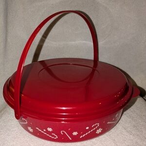 Red Holiday Themed Tupperware Bowl with Handle